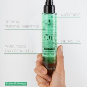 ETHERNAL MORINGA: lendan_cosmetics ¿Cabello seco, sin elasticidad ni suavidad? ETHERNAL MORINGA se ha convertido en uno de los tratamientos más buscados. ACCIÓN REPARADORA: combate la sequedad y proporciona elasticidad, suavidad y mejora la peinabilidad del cabello. ACCIÓN ANTIOXIDANTE: protege la fibra capilar de agentes externos. Frena el proceso de oxidación, aportando más luminosidad y brillo. ACCIÓN NUTRITIVA: repara las zonas dañadas del cabello, fortalece el cabello y estimula su crecimiento natural. Evita la aparición de puntas abiertas.