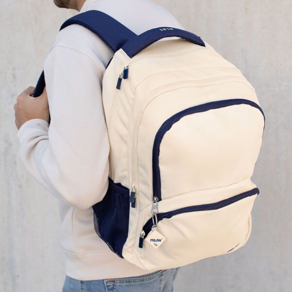 MOCHILA ESCOLAR 4 CREMALLERAS 25l BEIGE Y AZUL MARINO, SERIE 1918. - Imagen 6
