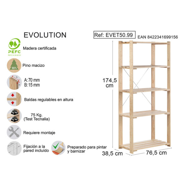 ESTANTERIA ALISTONADA EVOLUTION 5, 76,5x38,5x174,5cm PINO MACIZO ASTIGARRAGA - Imagen 4